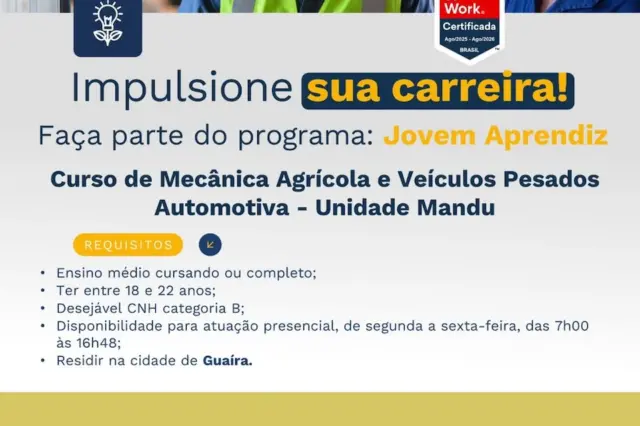 Dois homens com uniformes e um colete refletivo acima de um cartaz do programa Jovem Aprendiz exibindo texto sobre curso de Mecânica Agrícola e Veículos Pesados, requisitos e logos da Tereos e SENAI