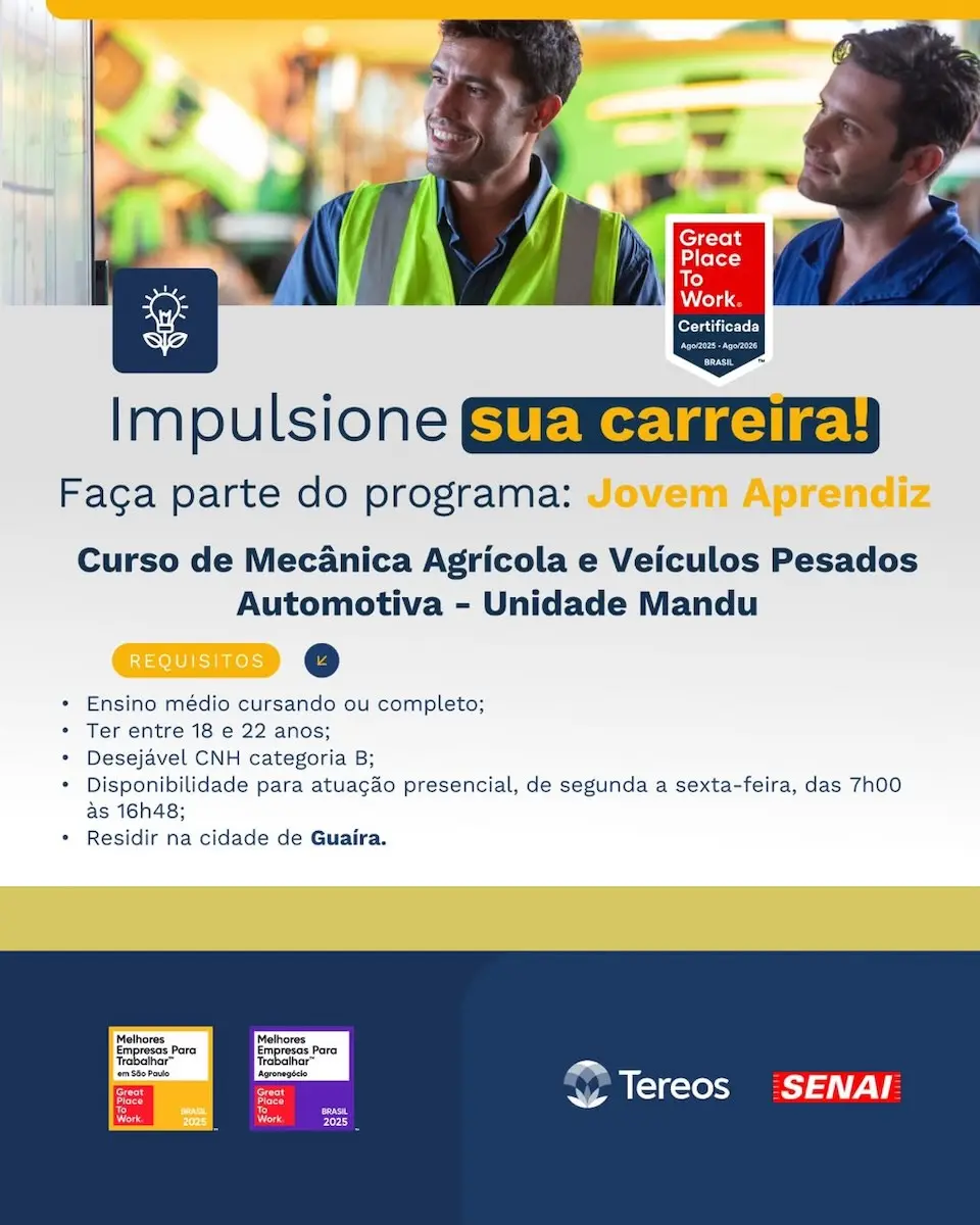 Dois homens com uniformes e um colete refletivo acima de um cartaz do programa Jovem Aprendiz exibindo texto sobre curso de Mecânica Agrícola e Veículos Pesados, requisitos e logos da Tereos e SENAI