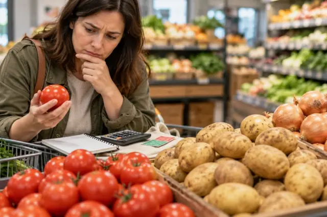 mulher em supermercado segurando um tomate com expressão preocupada, carrinho com caderno e calculadora e pilhas de tomates, batatas e cebolas ao redor