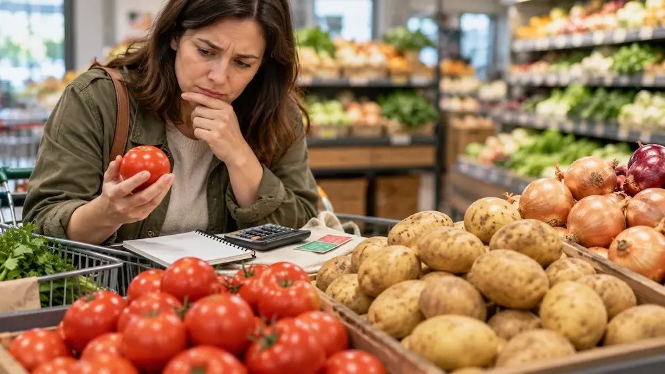 mulher em supermercado segurando um tomate com expressão preocupada, carrinho com caderno e calculadora e pilhas de tomates, batatas e cebolas ao redor