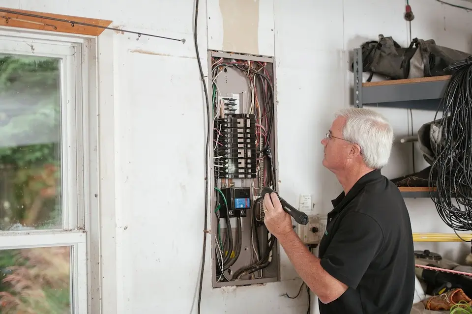 Eletricista inspeciona quadro de distribuição elétrica residencial durante vistoria