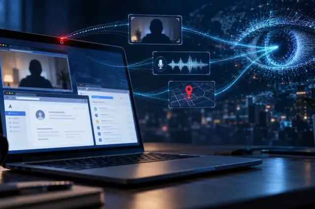 Notebook com janelas de navegador abertas e sobreposições gráficas mostrando silhueta de webcam, ícone de microfone e marcador de localização