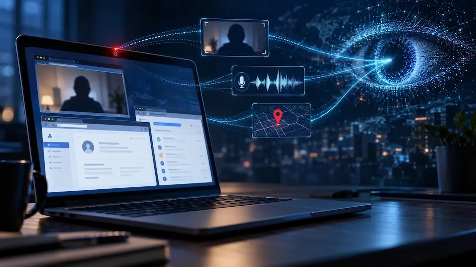 Notebook com janelas de navegador abertas e sobreposições gráficas mostrando silhueta de webcam, ícone de microfone e marcador de localização