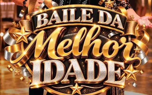 Letreiro dourado com o texto 'Baile da Melhor Idade' sobre fundo festivo com luzes e pessoas desfocadas