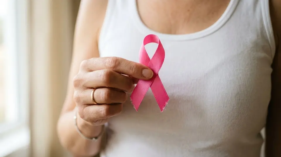 Mãos segurando um laço rosa de conscientização do câncer de mama sobre uma camiseta branca