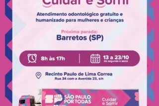 Cartaz rosa com título 'Carreta Cuidar e Sorrir', datas, horários, endereço e ilustração de uma carreta rosa com logotipos 'São Paulo por Todas'