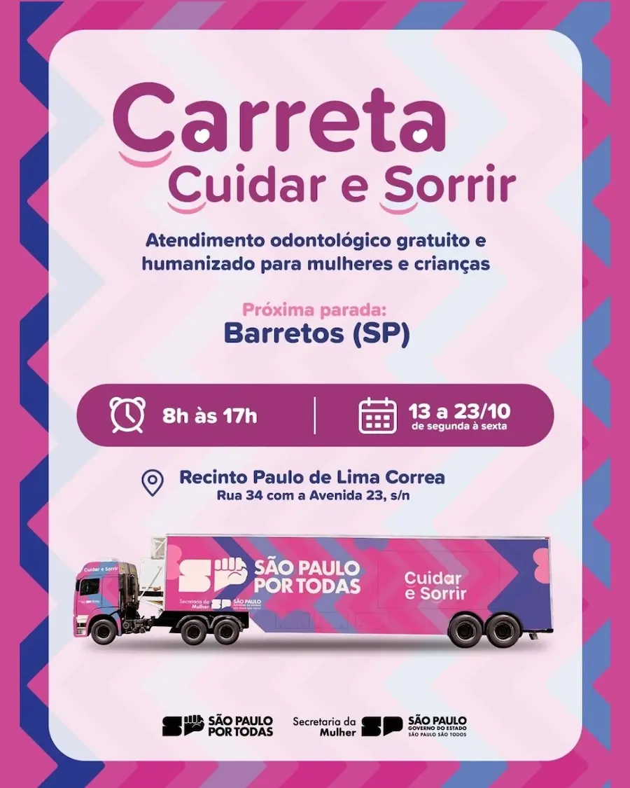 Cartaz rosa com título 'Carreta Cuidar e Sorrir', datas, horários, endereço e ilustração de uma carreta rosa com logotipos 'São Paulo por Todas'