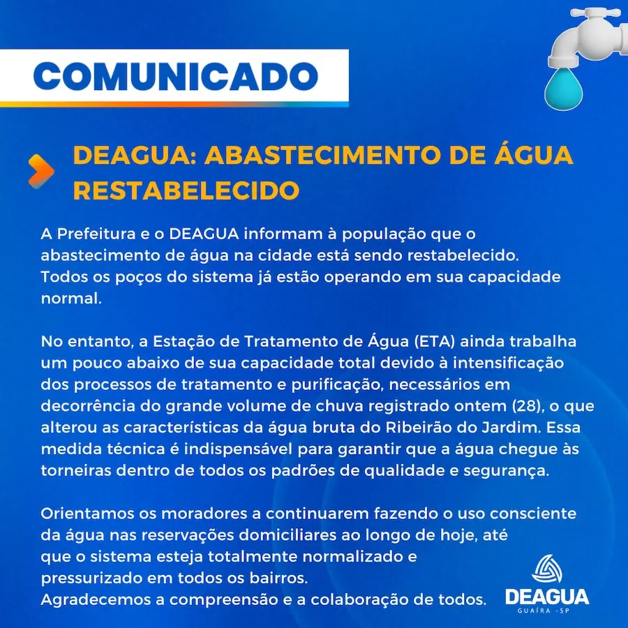 Fundo azul com título 'COMUNICADO' e destaque 'DEAGUA: ABASTECIMENTO DE ÁGUA RESTABELECIDO', texto informativo, logotipo do DEAGUA e ícone de torneira com gota