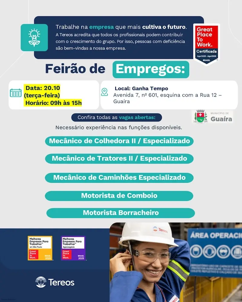 Cartaz informativo do feirão com data, horário, local, lista de vagas e logotipos da Tereos e do município