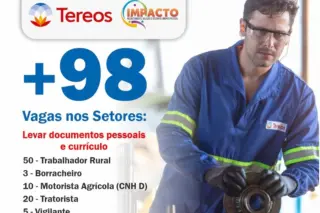 cartaz com título 'Feirão de Empregos em Barretos', grande texto '+98 Vagas', lista de vagas, logos de Tereos e Impacto e foto de um trabalhador de macacão azul manuseando peça mecânica