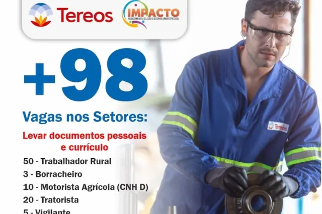 cartaz com título 'Feirão de Empregos em Barretos', grande texto '+98 Vagas', lista de vagas, logos de Tereos e Impacto e foto de um trabalhador de macacão azul manuseando peça mecânica