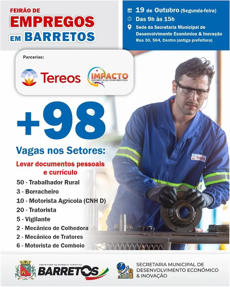 cartaz com título 'Feirão de Empregos em Barretos', grande texto '+98 Vagas', lista de vagas, logos de Tereos e Impacto e foto de um trabalhador de macacão azul manuseando peça mecânica