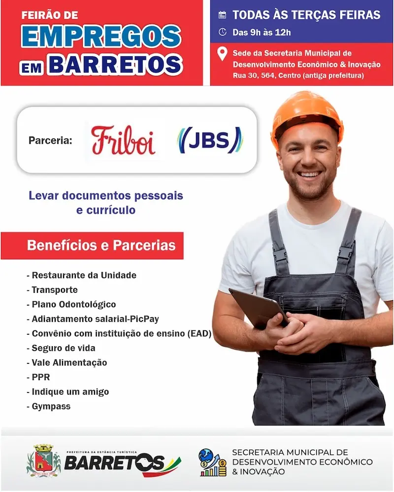 Homem sorridente com capacete laranja e macacão segurando um tablet ao lado de cartaz com logos Friboi e JBS, título 'Feirão de Empregos em Barretos' e lista de benefícios