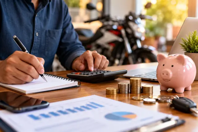 Pessoa organizando o orçamento financeiro com calculadora, anotações e moedas para planejar despesas e a compra de um veículo.