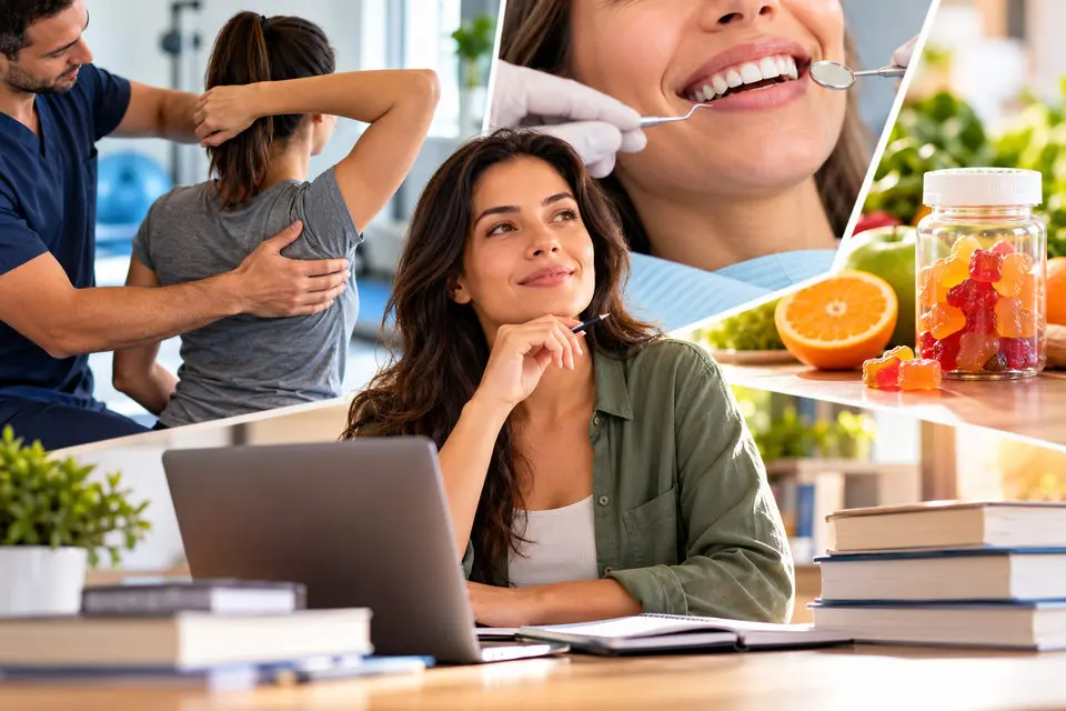 Imagem ilustrativa de cuidados com a saúde, fisioterapia, saúde bucal, nutrição e qualificação profissional.