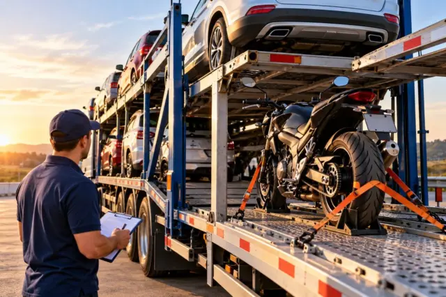 Caminhão-cegonha transportando carros e uma motocicleta fixada por cintas de segurança, com profissional realizando vistoria.