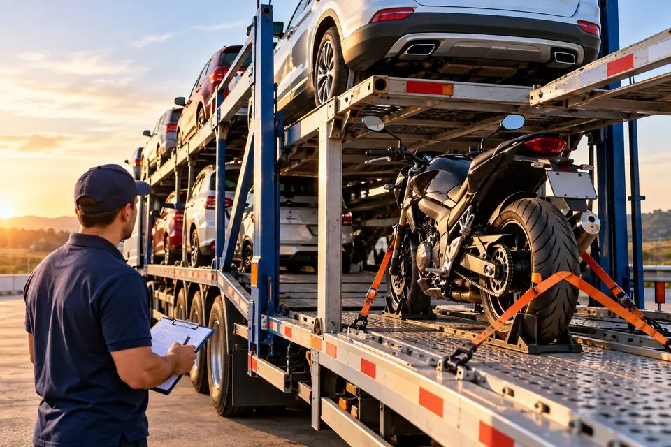 Caminhão-cegonha transportando carros e uma motocicleta fixada por cintas de segurança, com profissional realizando vistoria.