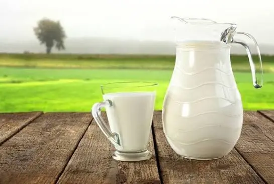 Jarra e copo de leite em mesa de madeira com campo verde ao fundo
