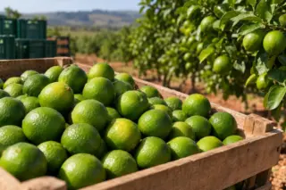 Caixa de madeira com limões-taiti verdes empilhados em primeiro plano e fileira de árvores ao fundo