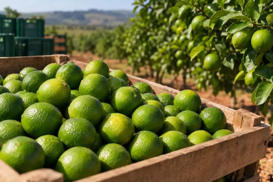 Caixa de madeira com limões-taiti verdes empilhados em primeiro plano e fileira de árvores ao fundo