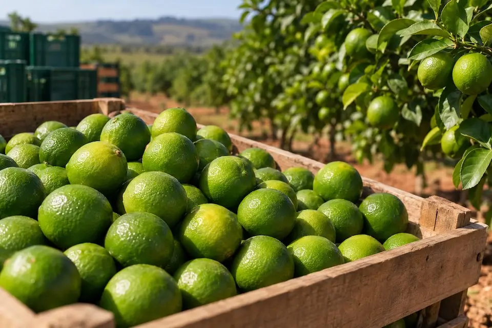 Caixa de madeira com limões-taiti verdes empilhados em primeiro plano e fileira de árvores ao fundo