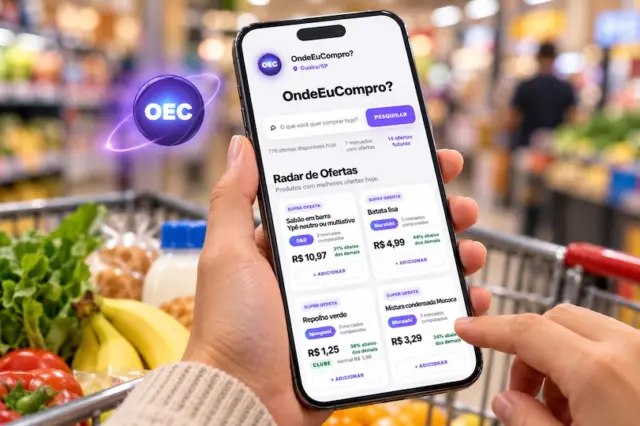 Pessoa utiliza o OndeEuCompro? no celular para comparar preços de supermercados em Guaíra, com o Radar de Ofertas e a logomarca OEC em destaque.