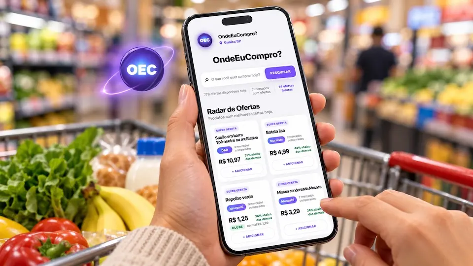 Pessoa utiliza o OndeEuCompro? no celular para comparar preços de supermercados em Guaíra, com o Radar de Ofertas e a logomarca OEC em destaque.