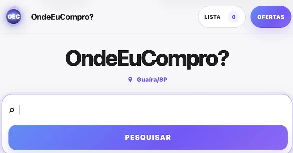 Prévia da nova interface do OndeEuCompro?, com campo de pesquisa em destaque e identidade visual em tons de roxo