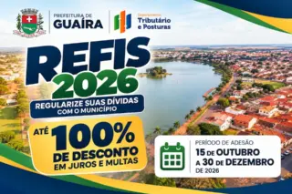 Banner promocional com texto REFIS 2026, oferta de até 100% de desconto em juros e multas e foto aérea de um lago e bairros