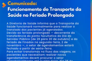 cartaz em tons de azul com o título 'Comunicado: Funcionamento do Transporte da Saúde no Feriado Prolongado' e logotipos de Guaíra e da Saúde no rodapé