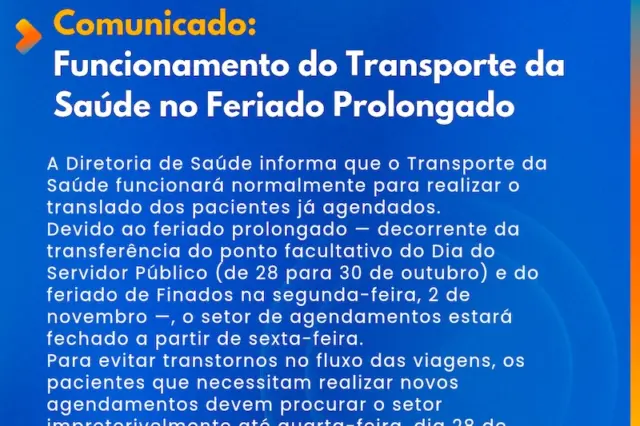 cartaz em tons de azul com o título 'Comunicado: Funcionamento do Transporte da Saúde no Feriado Prolongado' e logotipos de Guaíra e da Saúde no rodapé