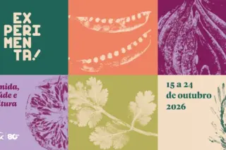 cartaz colorido com blocos em tons verde, laranja, roxo e lilás com textos 'EXPERIMENTA!', 'comida, saúde e cultura' e '15 a 24 de outubro 2026' e ilustrações botânicas