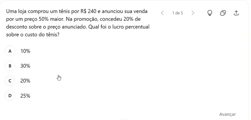 Questão de múltipla escolha sobre porcentagem com texto sobre preço, desconto e lucro percentual e quatro alternativas (10%, 30%, 20%, 25%)